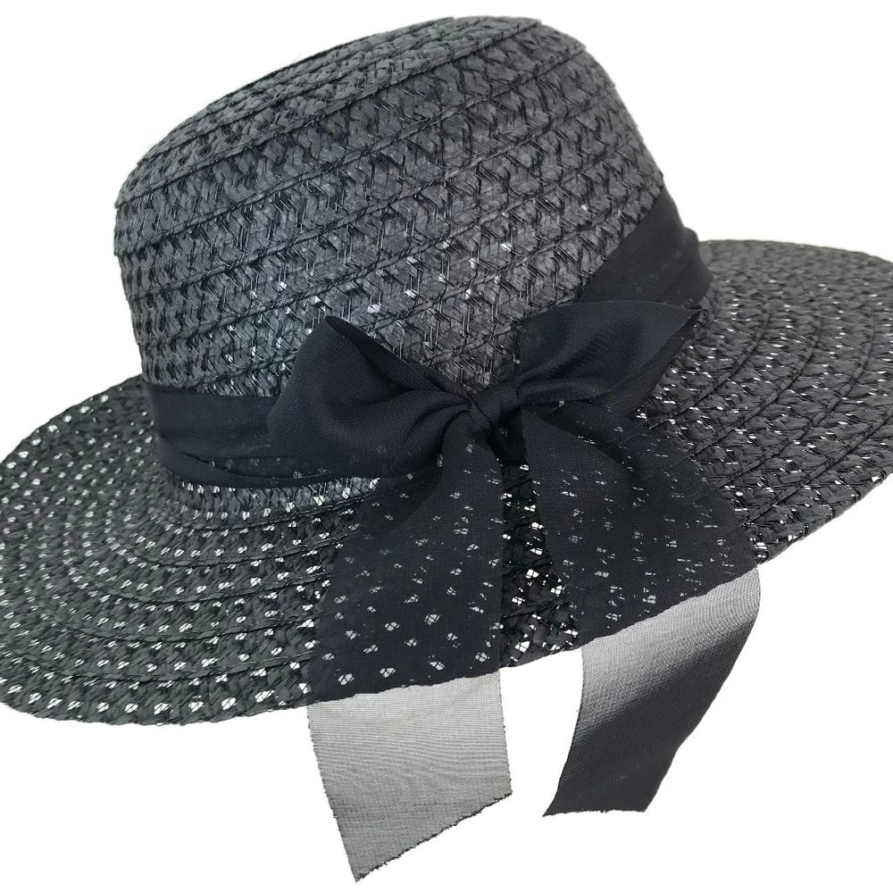 Black Open Weave Panama Hat with Black Ribbon Bow